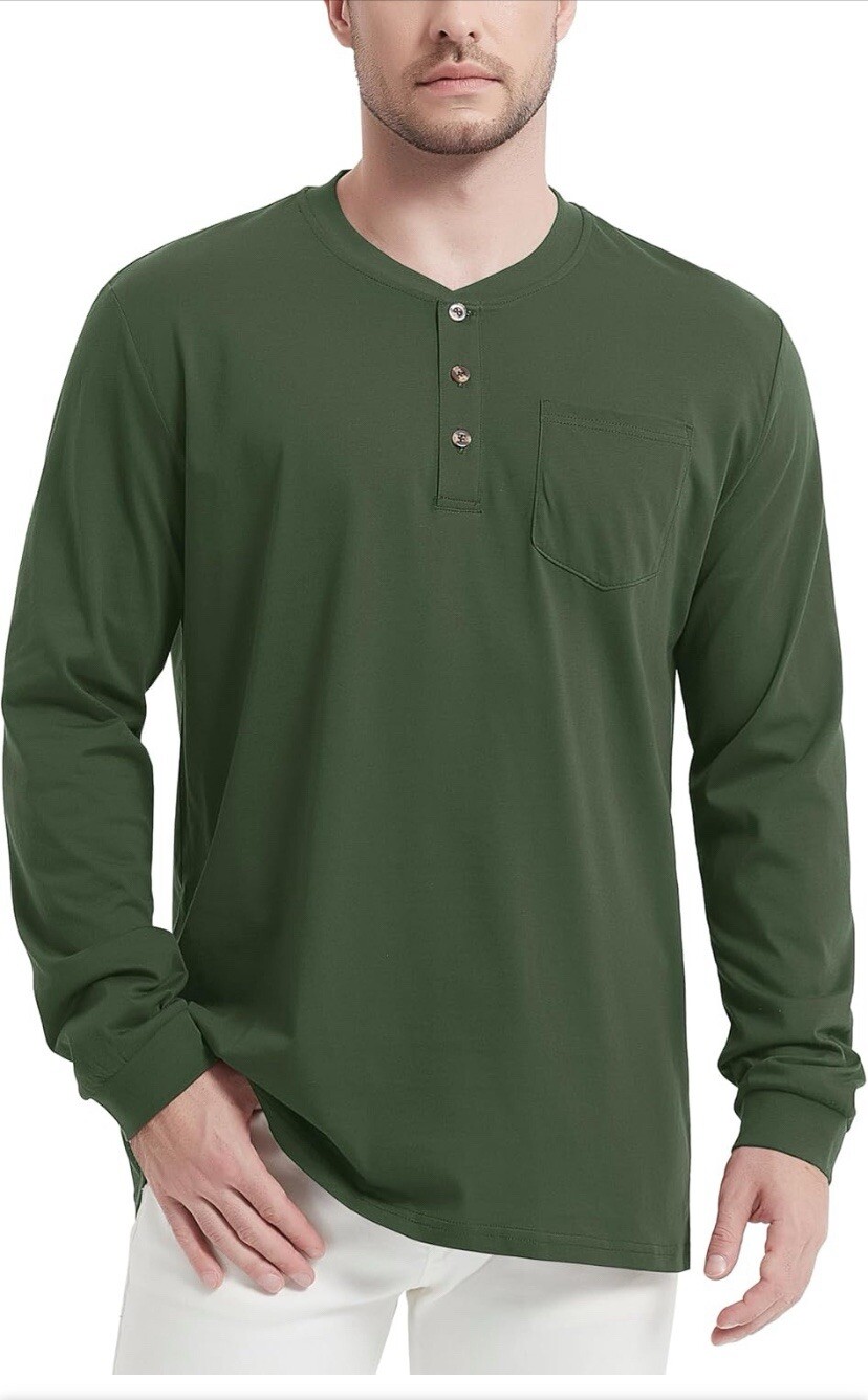 MAGCOMSEN Mens Henley Long Sleeve Casual Shirts Cotton Pocket Army Green Size M gallery