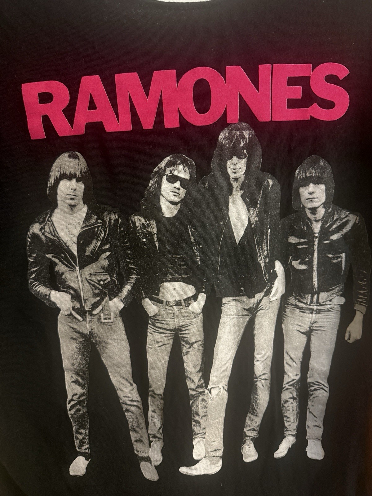 Ramones - (Group Photo) - Black Shirt With Pink Letters - L Cut Collar gallery