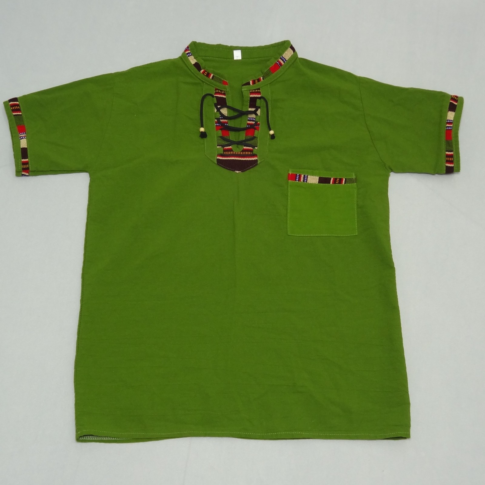 Artisanal Guatemalan Colorful Trim Shirt Green Cotton Mayan Men's M / Women's L gallery