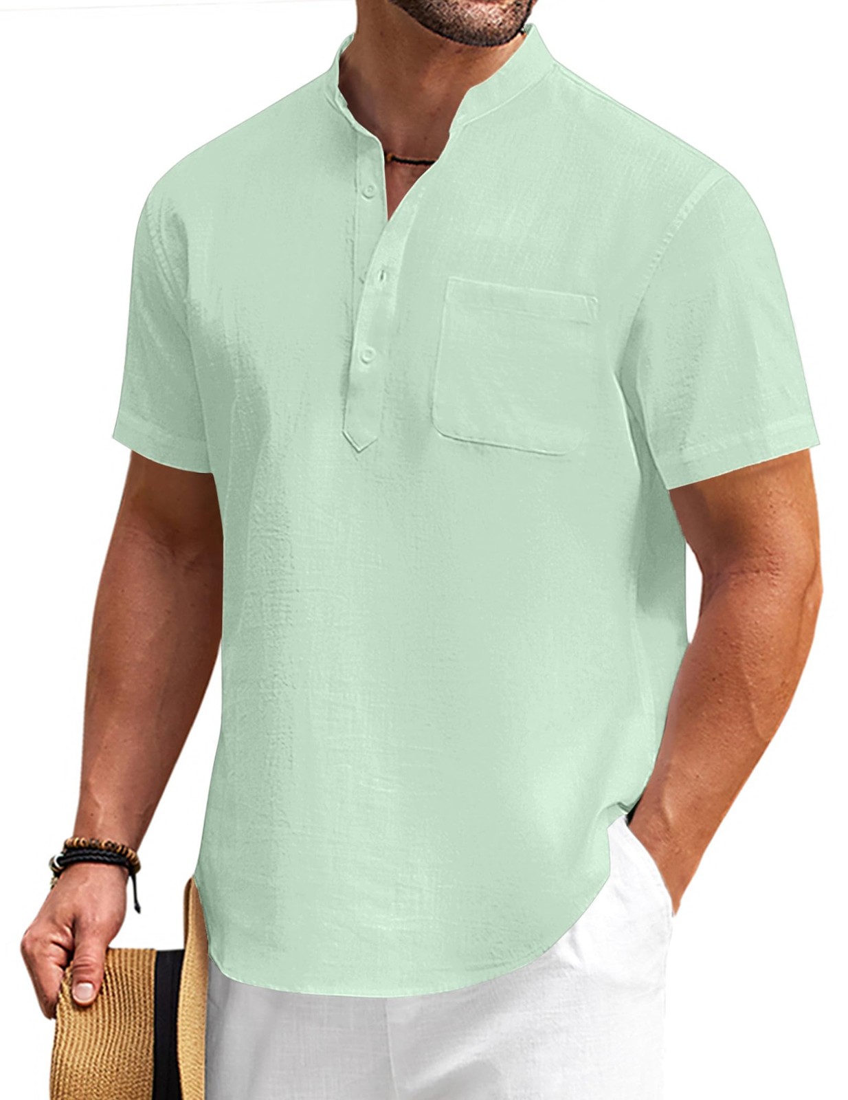 Men's Casual Cotton Linen Henley Shirts Beach with Pocket Light Green 3XL gallery