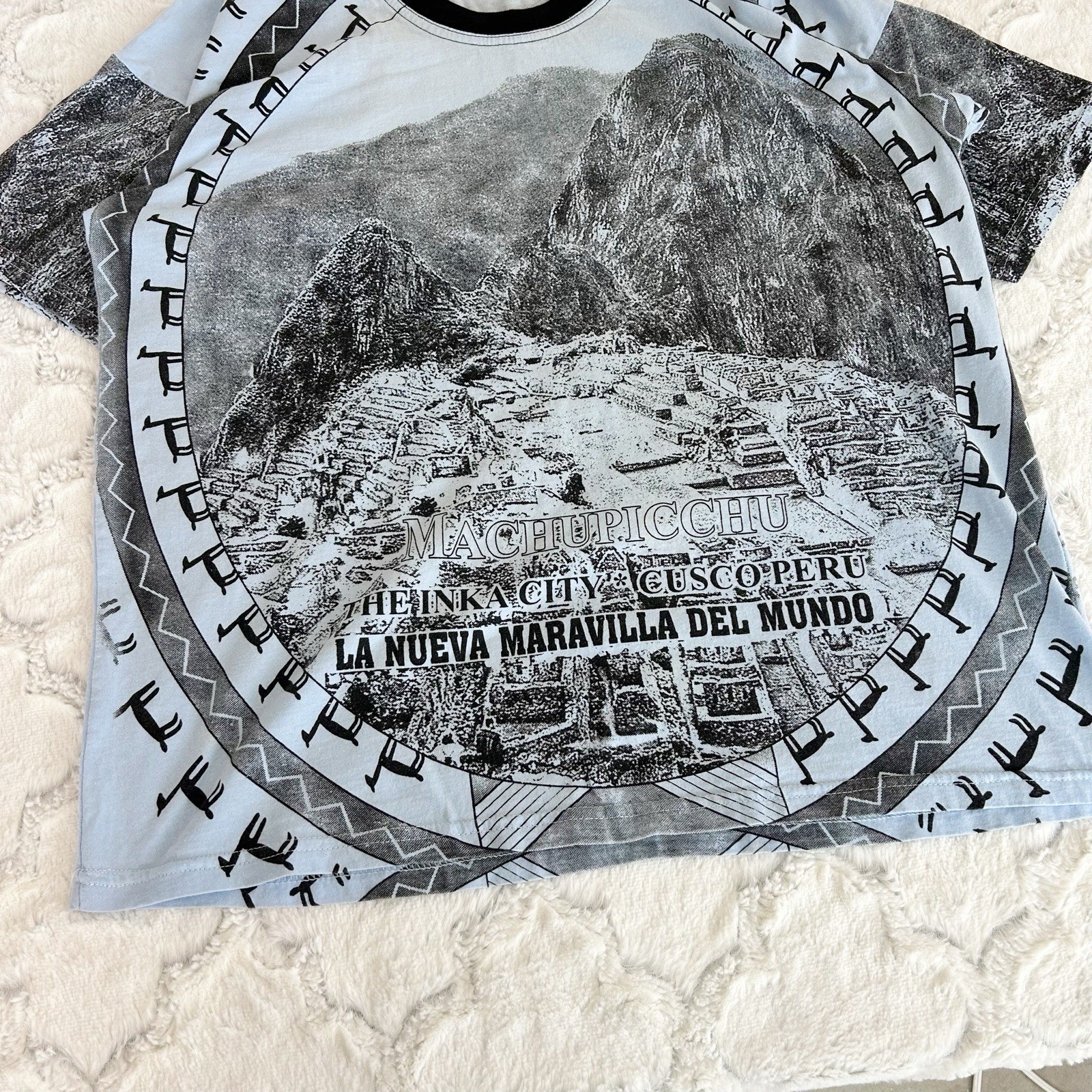Vintage Blue All Over Print Machu Picchu Peru Nature Graphic T-shirt Large gallery