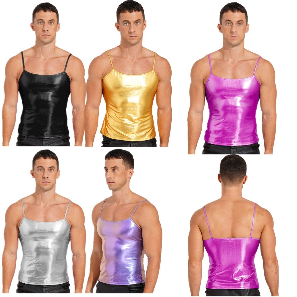 T-shirts Shiny Metallic Vests Sissy Crop Top Camisole Tank Tops Spaghetti Strap gallery