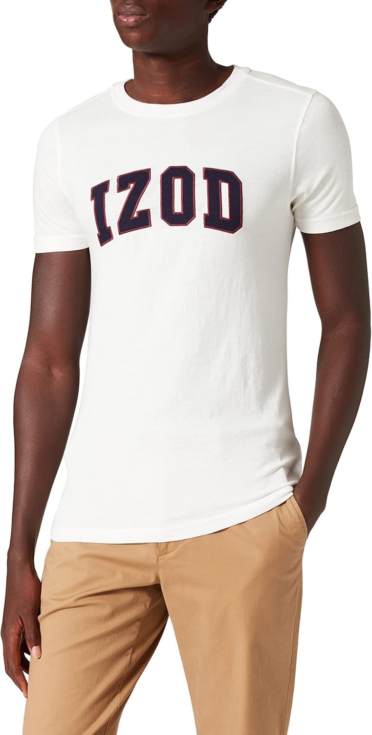 Izod Men’s SOLID Logo Arch Short Sleeve Casual Shirt T-Shirt, White, M