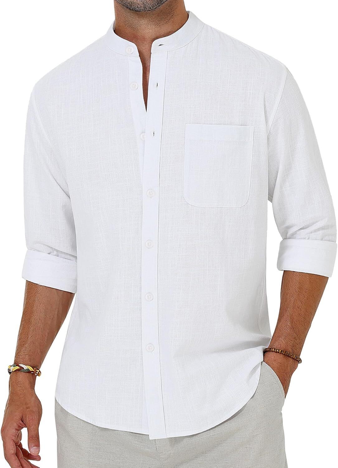 Men's Linen Button Down Shirt Long Sleeve Band Collar Casual Beach Top gallery