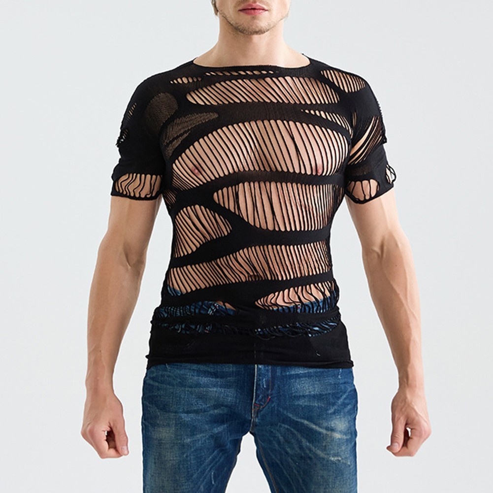 Trendy Men's Hollow Out Mesh T Shirts with Short Sleeves and O Neck Design gallery