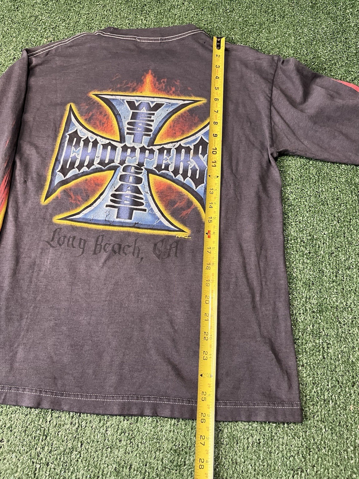 90s Jesse who west coast choppers flame sleeve size L tshirt with distressing gallery