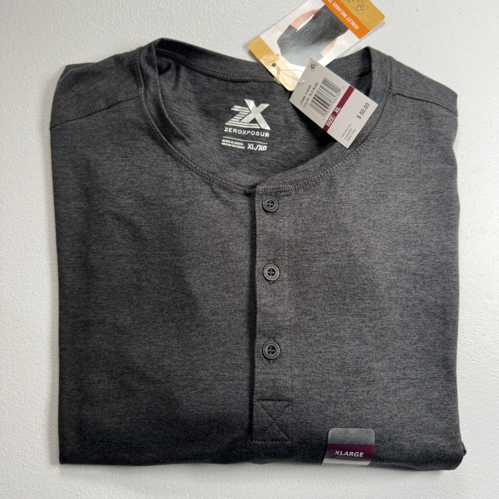 ZeroXposur Henley Melange Tee Shirt Gray Black Poly Spandex XL NWT gallery