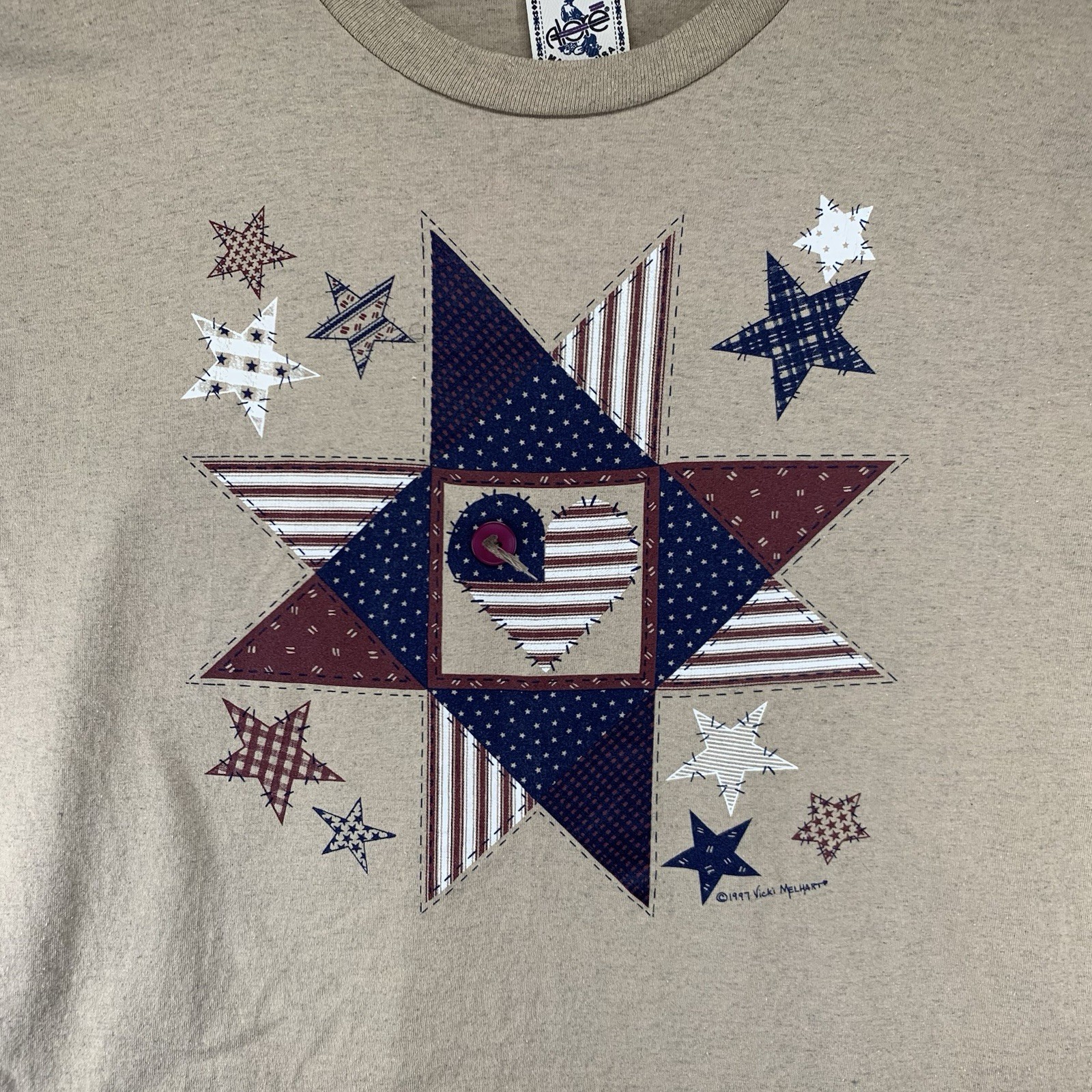 Vintage Single Stitch T Shirt XL Rustic American Quilt Patch Work Tan Cotton USA gallery