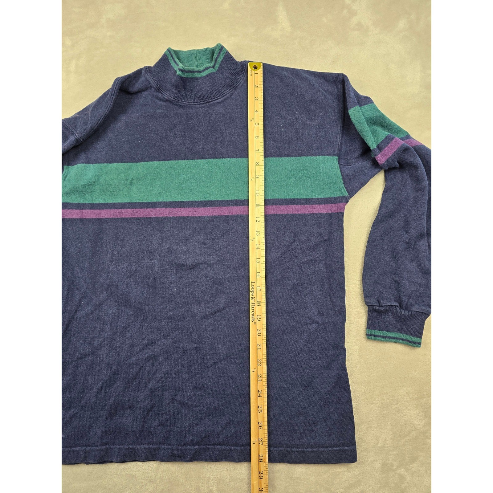 Vintage L.L. Bean Mock Neck Shirt Mens M Blue Striped Long Sleeve Made in USA gallery