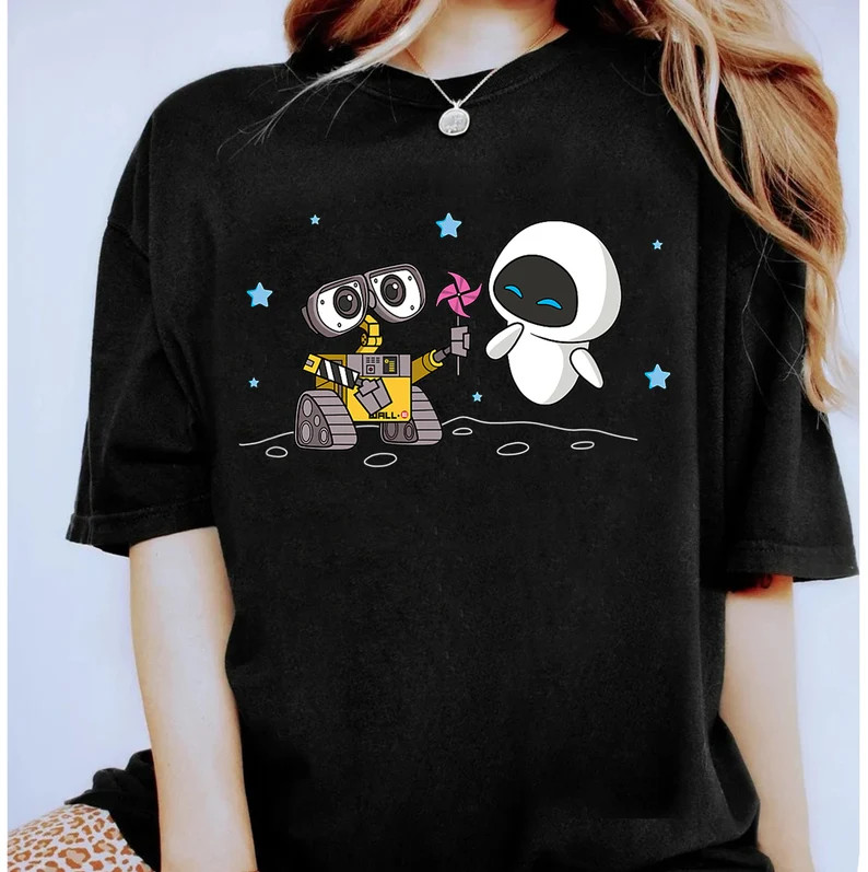 Disney Wall-E & Eve Black T-Shirt , Moonscape Pinwheel