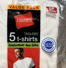 Hanes Cotton Tagless Lay Flat Collar TShirts White 5Pack Mens Small 34-36” NEW
