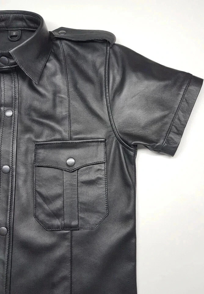 Men's Real Soft Leather Biker High Shine Police Style Motorcycle Leather Shirt gallery
