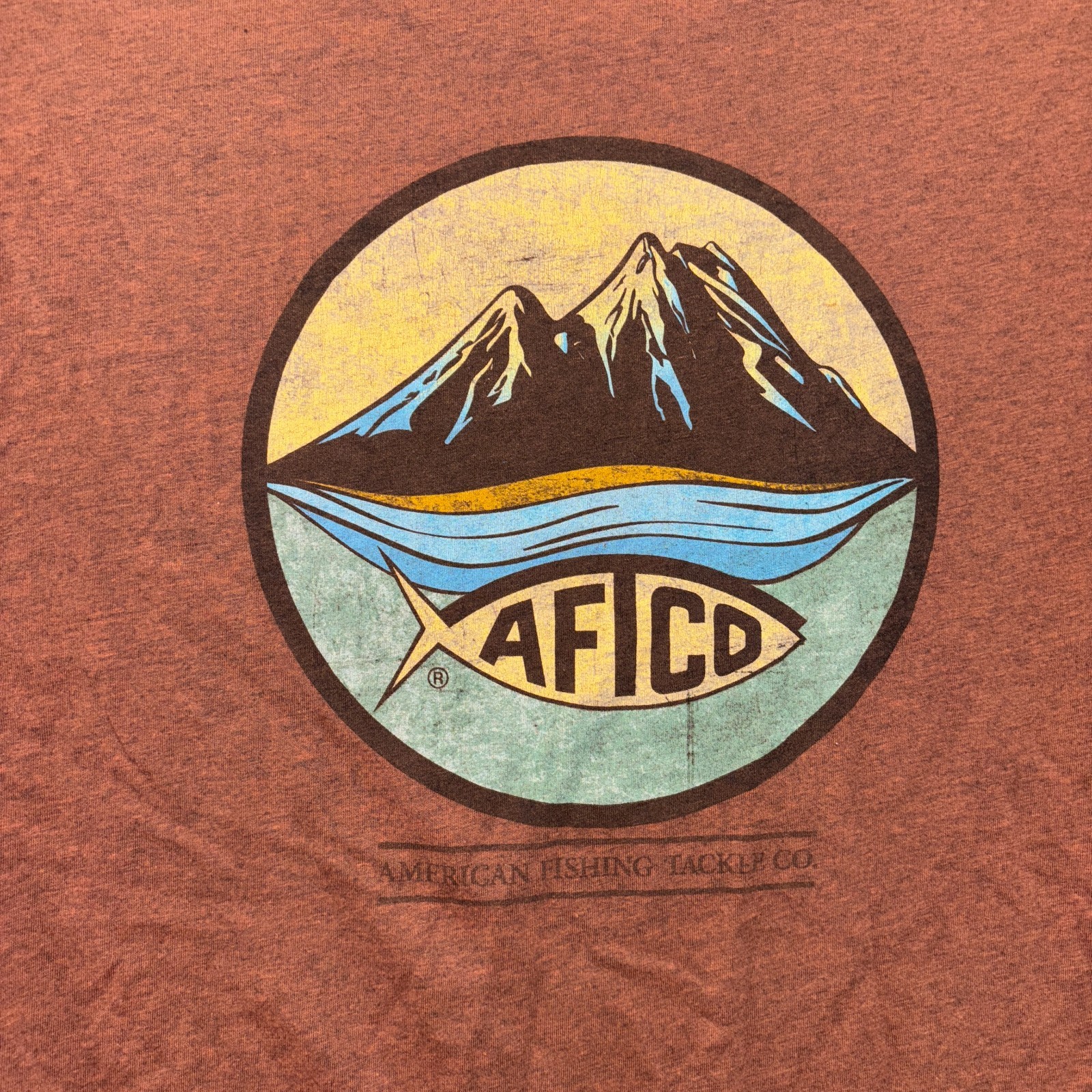AFTCO Shirt Mens Large Rustic Orange Fishing Mountain Graphic Outdoors READ gallery