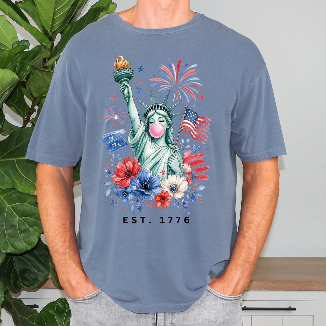 Funny Statue of Liberty Bubble Gum Shirt Cute 4th of July Women Patriotic Tee gallery