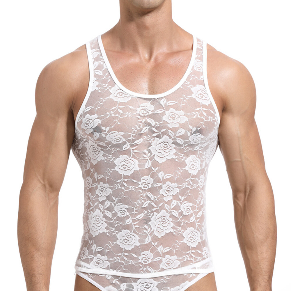 Mens Gym Tops Tank Top Vest Undershirts Lace T Shirt Floral Sleeveless Sexy gallery