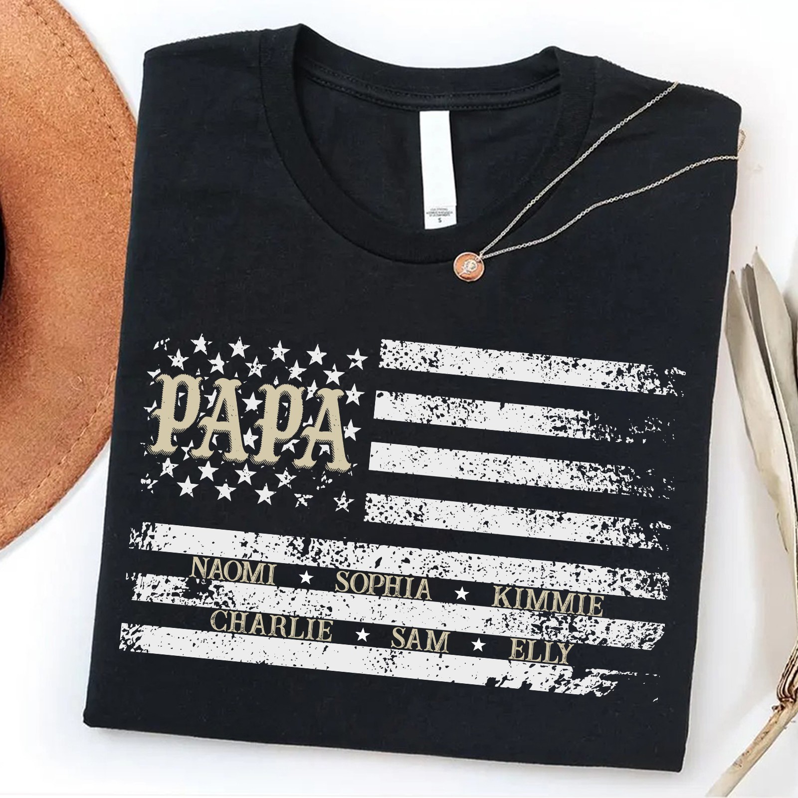 Personalized Papa Shirt Kids Names Patriotic American Flag Fathers Gift Tee