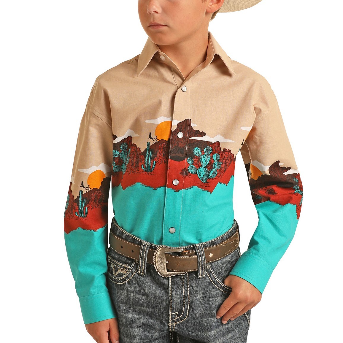Panhandle® Youth Boy’s Aztec Border Print Turquoise Snap Shirt C0S3012