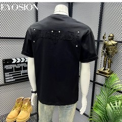 Men High Street Letter Patch Embroidered T-Shirt Rivet Heavy Weight Casual Tee