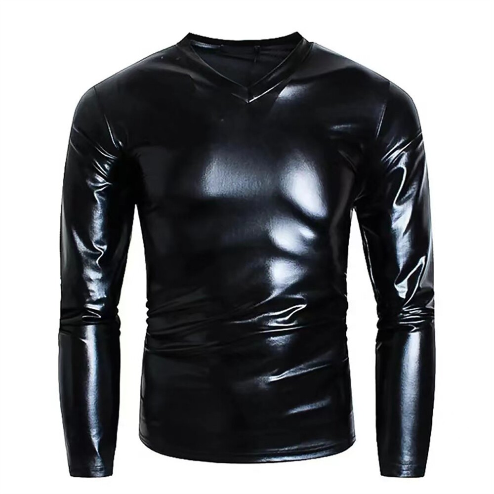 Men Shirts Tunic Top Metallic Shiny Wet Look T-Shirt Patent Leather Blouse gallery