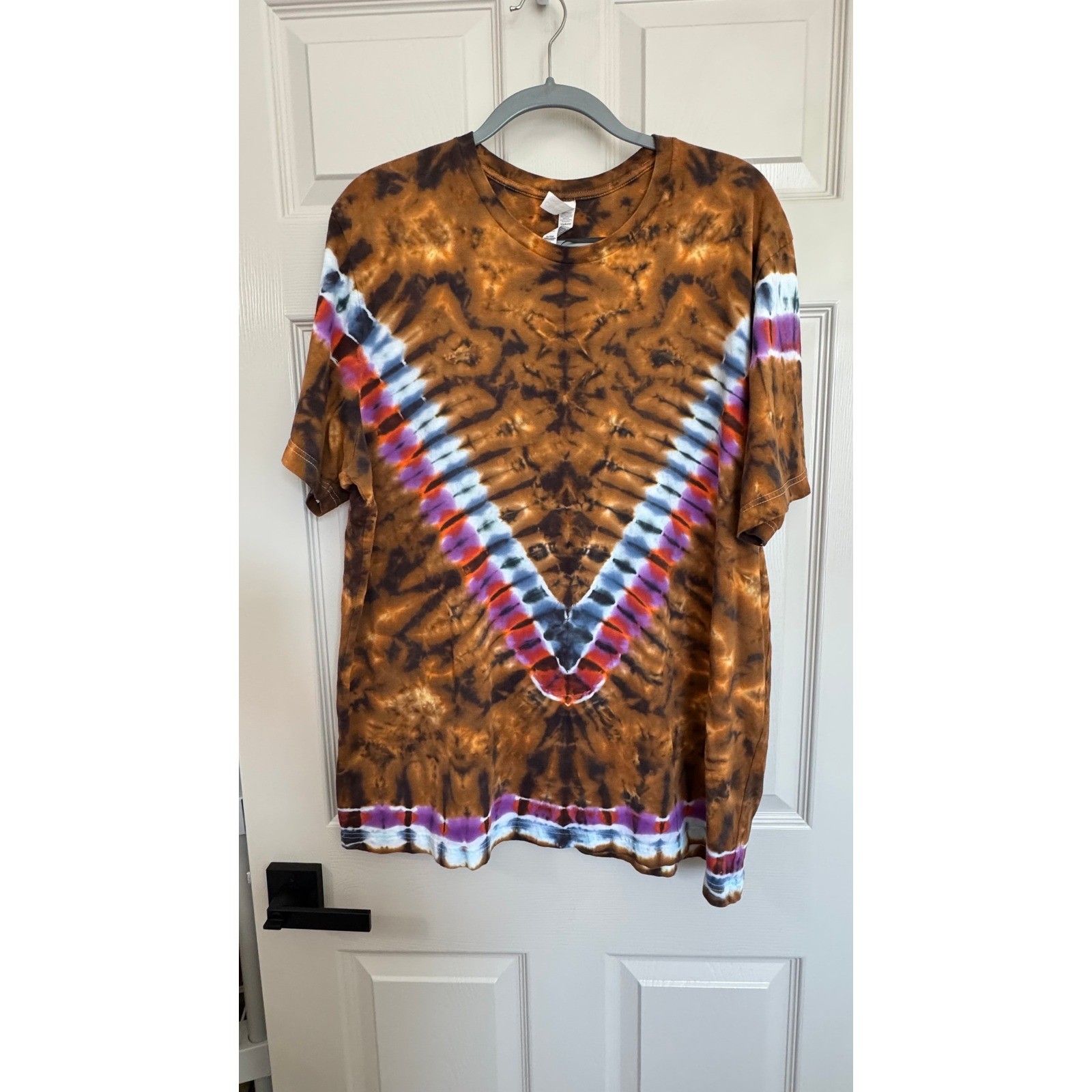 Tie Dye T-Shirt Adult 2XL Brown V-Pattern Short Sleeve Cotton Tee Hippie Earthy