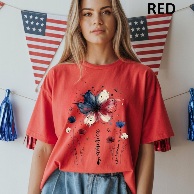 Comfort Colors American Floral Shirt Patriotic Wildflower USA 250th Tee gallery
