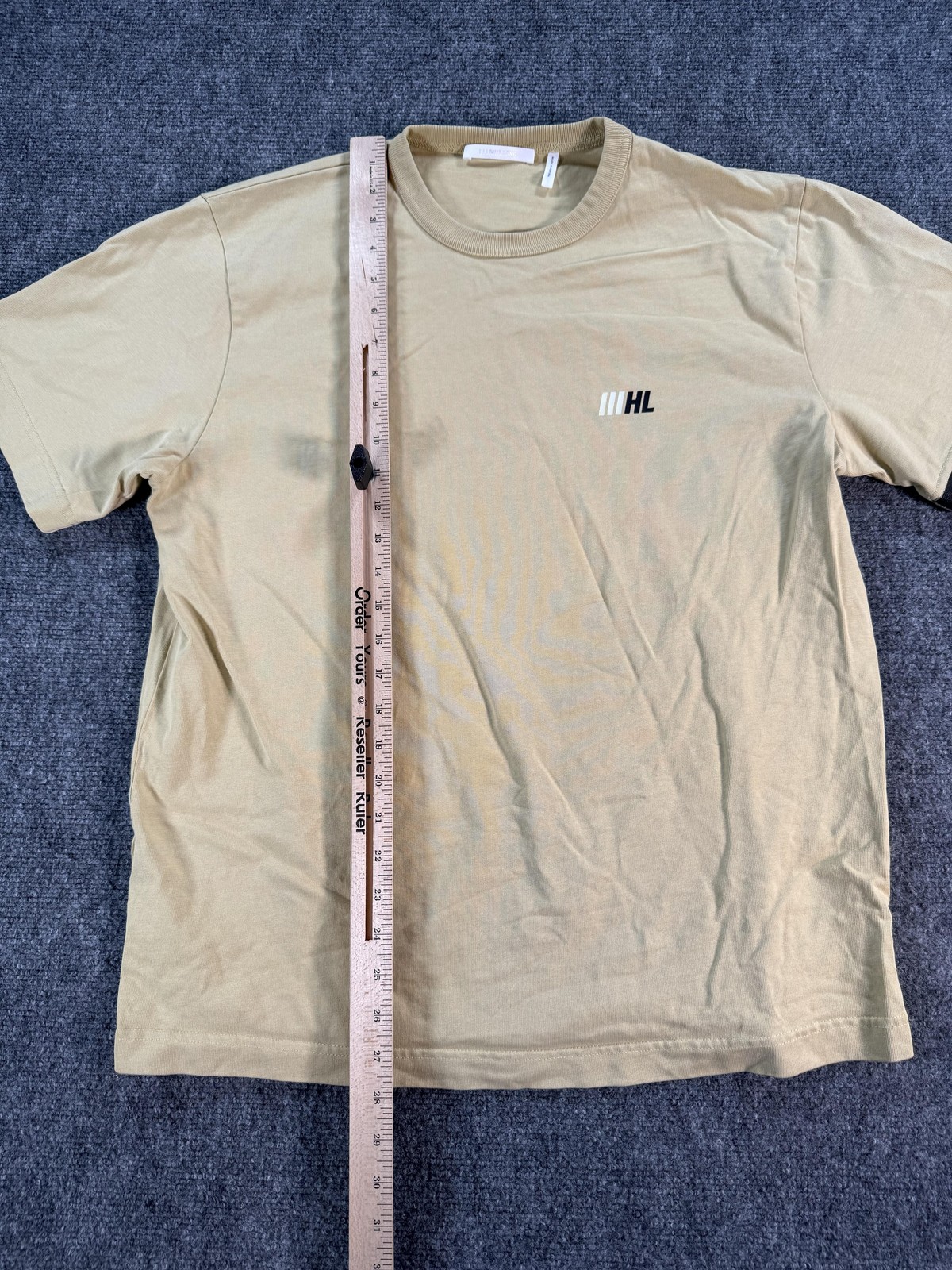 Helmut Lang Shirt Mens Large Tan Logo Graphic Crewneck Short Sleeve Back Print gallery