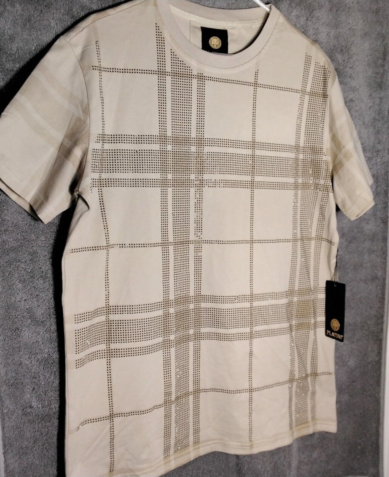 Platini Black Label Shirt Mens Size XL Beige Geometric Beaded Short Sleeve gallery