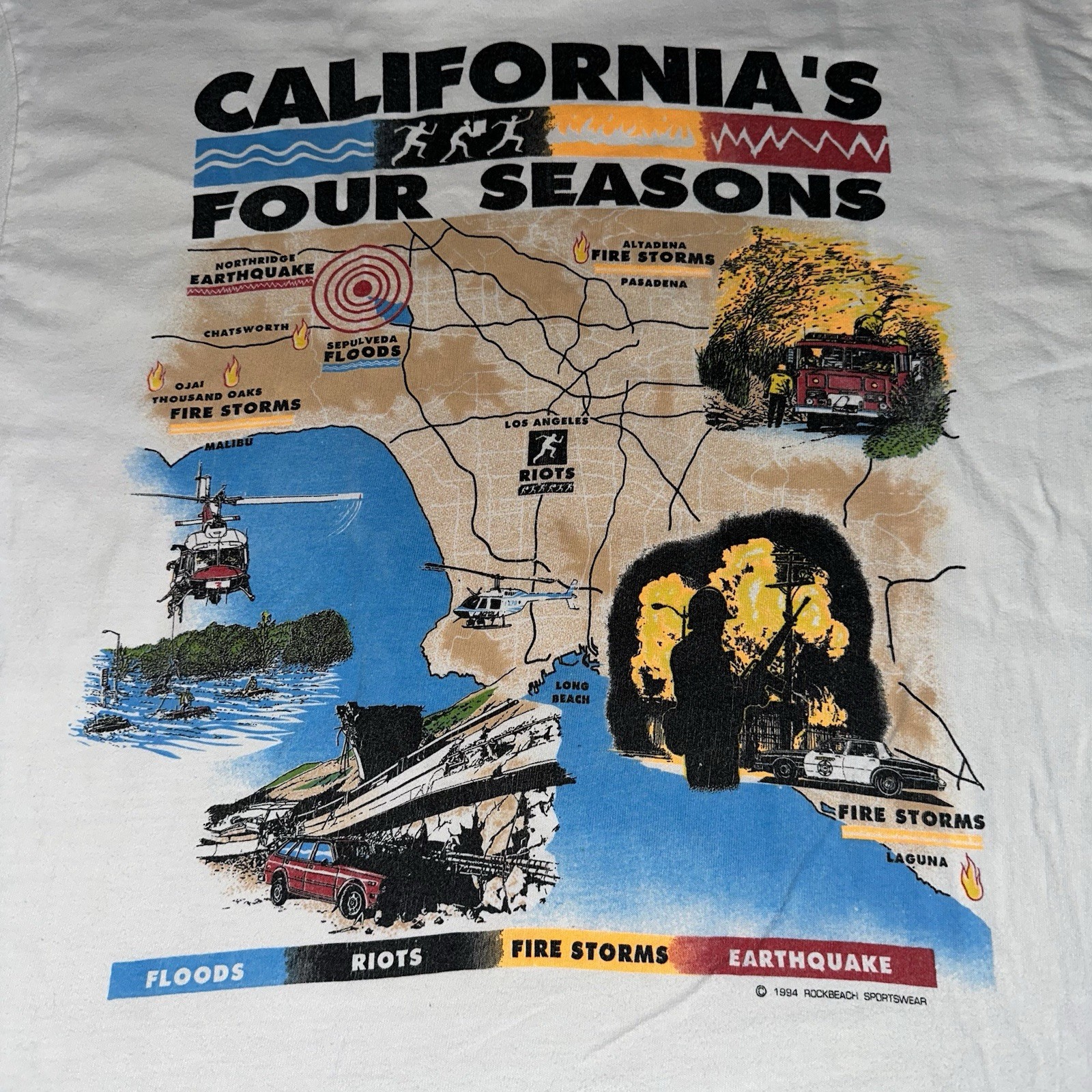 VTG 1994 California Four Seasons White Shirt Size L Single Stitch Floods Riots gallery