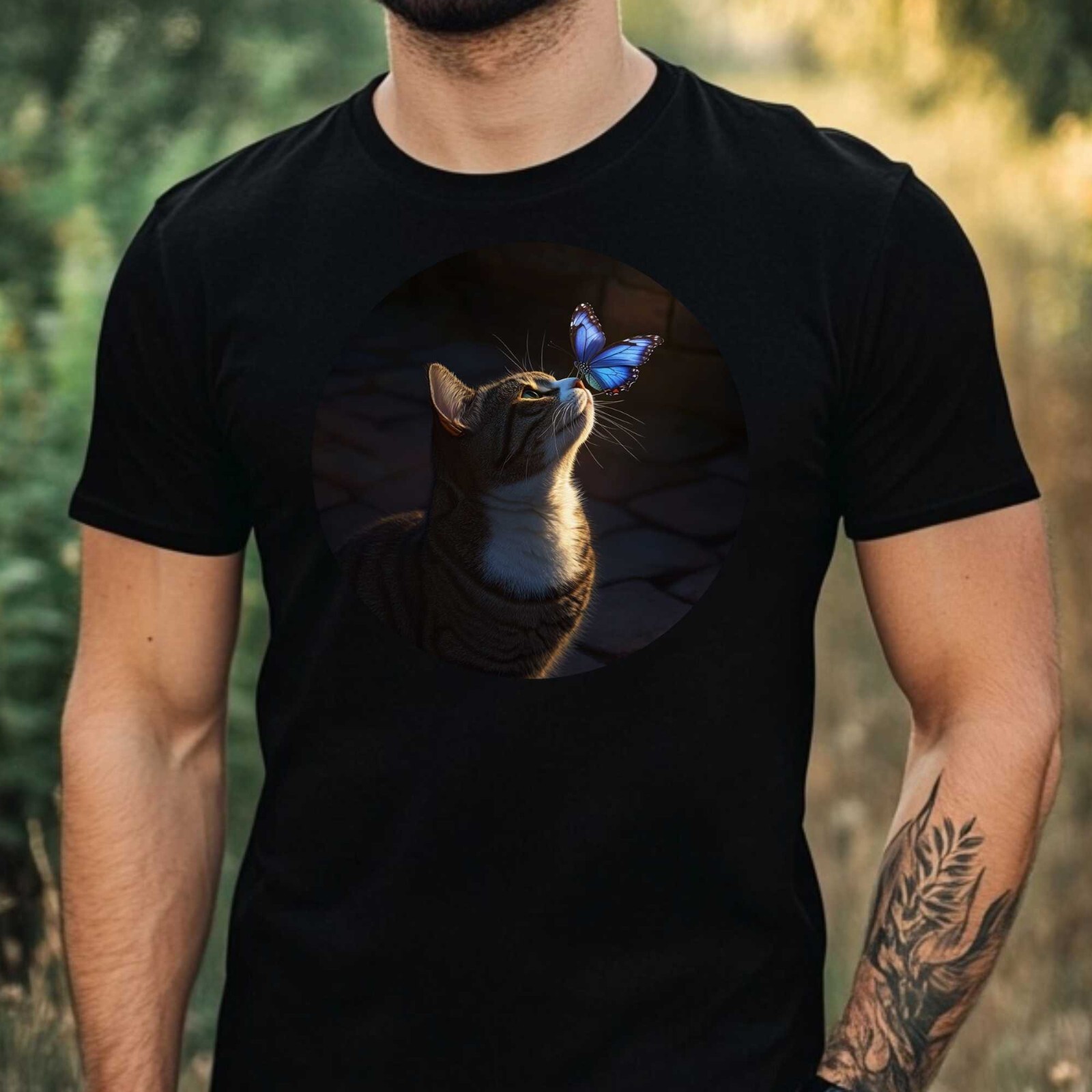 Mens Cat and Butterfly Print Cotton T-Shirt Size XS to 5XL