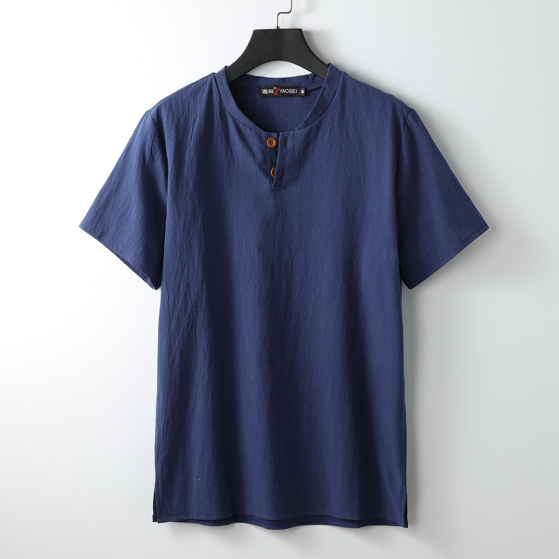 Men's Stand-up Collar Short Sleeve Cotton Hemp Summer T-shirt Loose Linen V-neck gallery