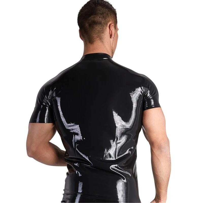 Sleeve Men T-shirt Top Zipper Clubwear Vest Costume PVC Leather Underwear Long gallery