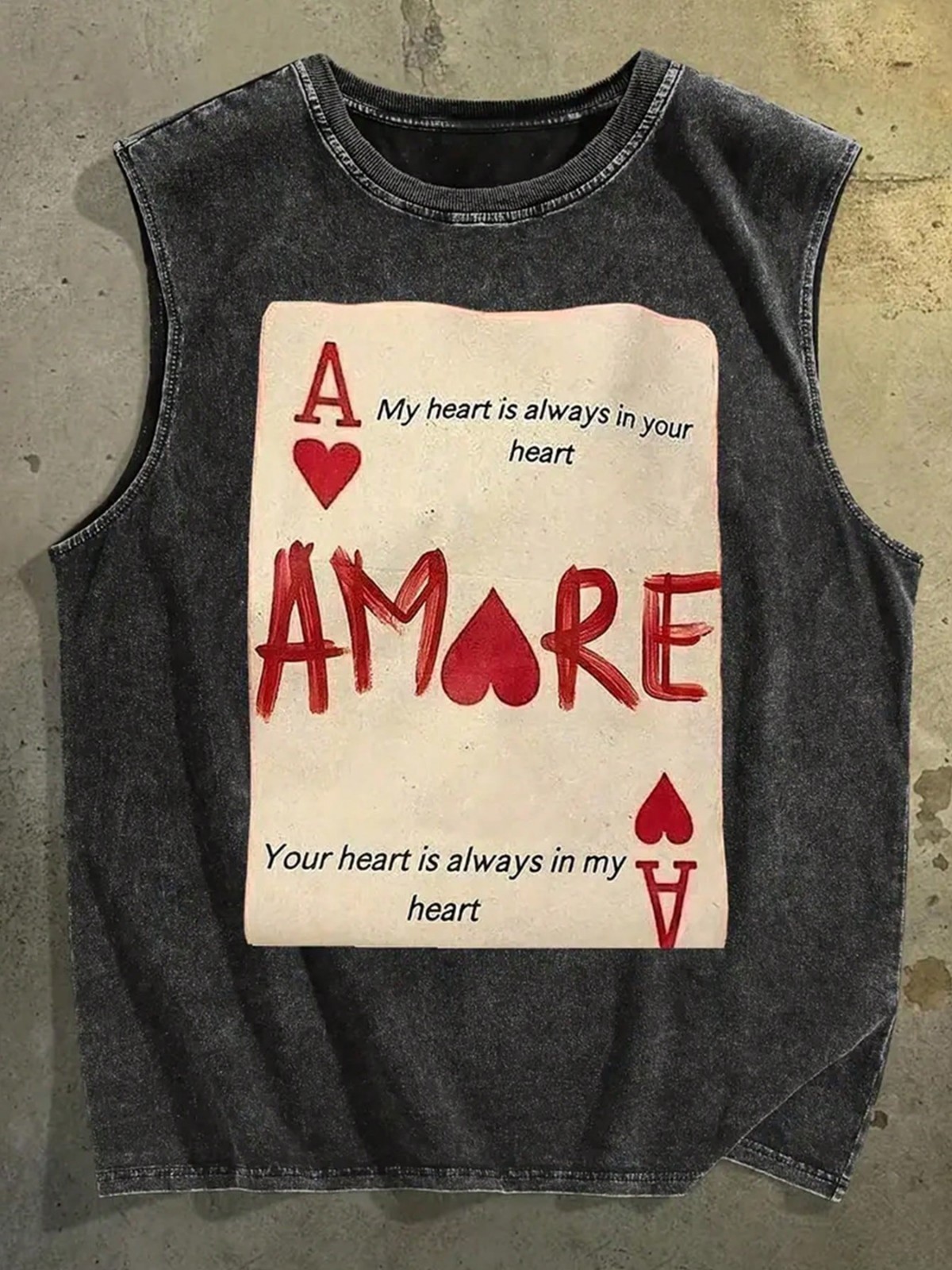 Mens Washed Black Ace of Hearts Amore Print Sleeveless Tank Top