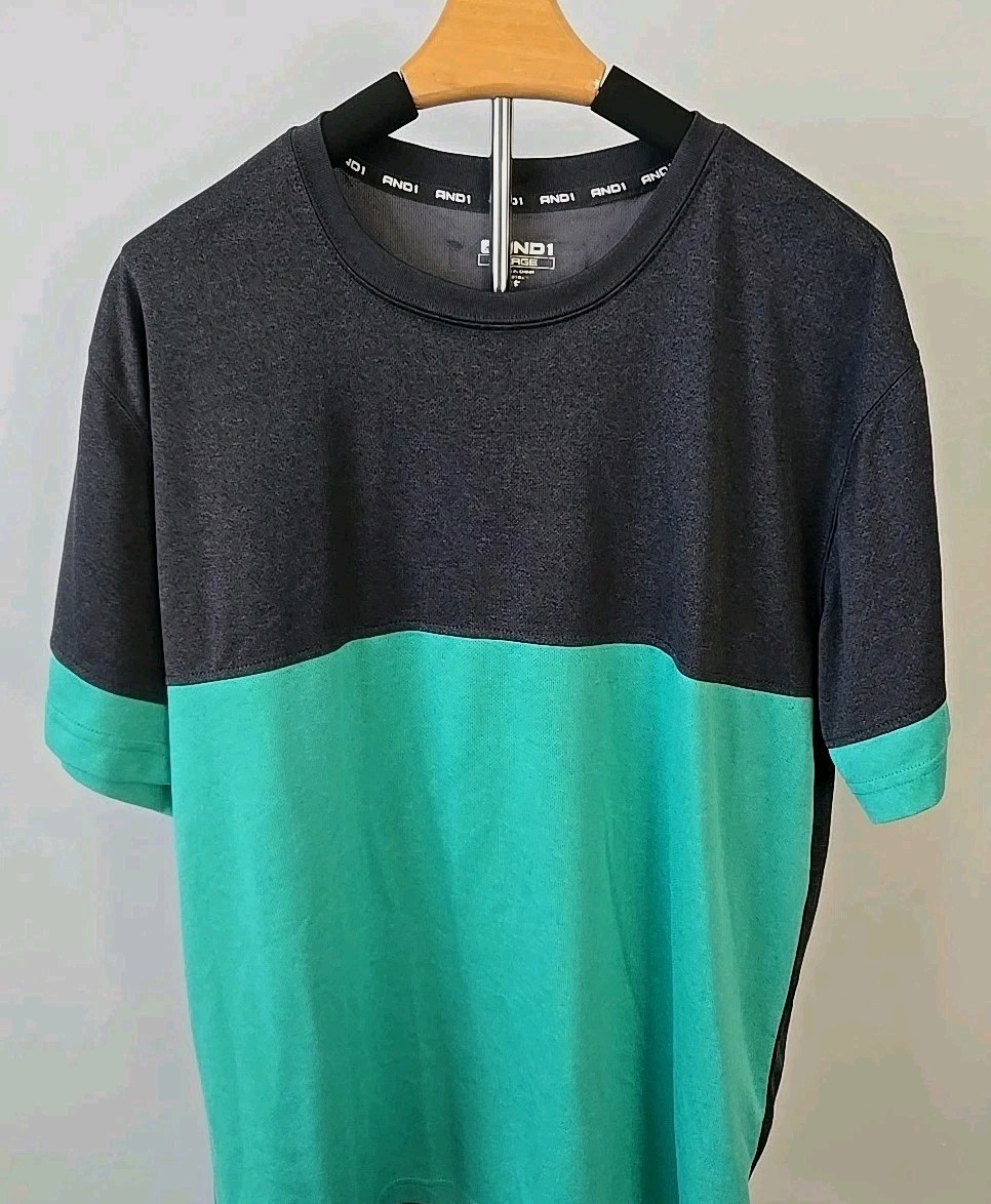 AND1 T-Shirt Men’s Size L Black Green Classic Basketball Tee Colorblock