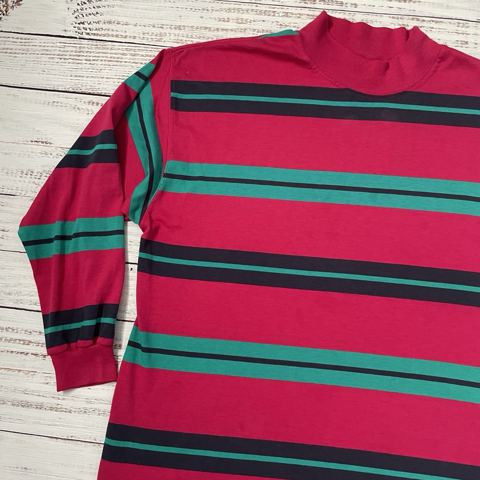 Vintage Class 955 Pink Green Striped Long Sleeve Blank Shirt Adult M Mock Neck gallery