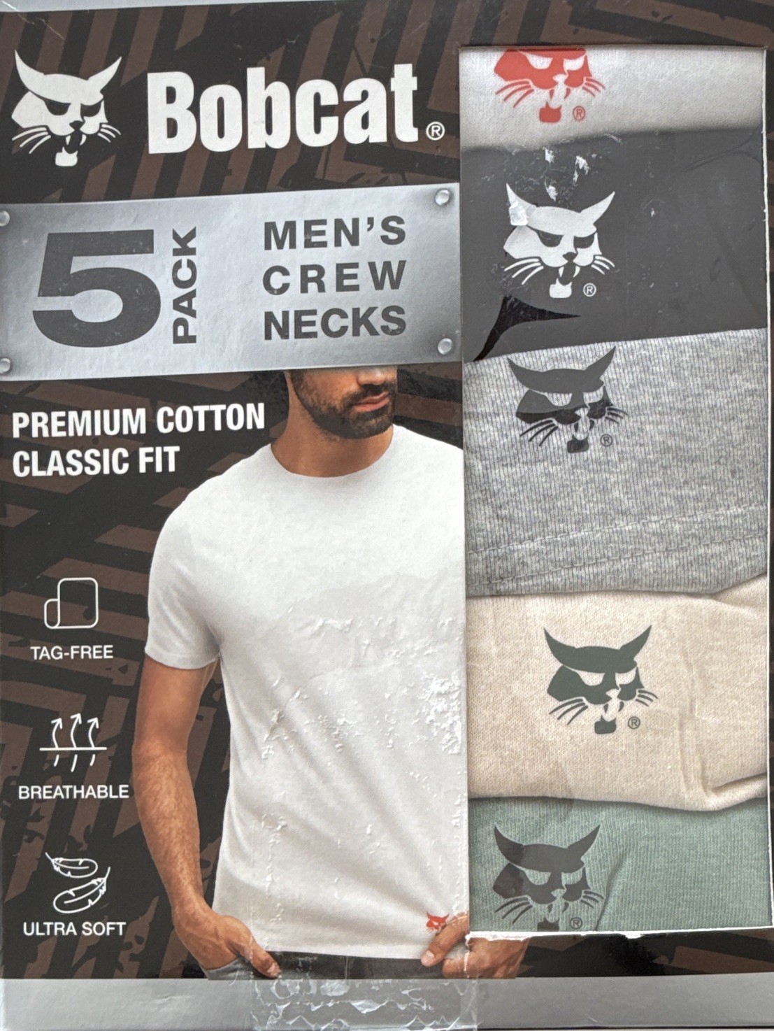 Bobcat Men’s 5-Pack Crew Neck T-Shirts S Classic Fit Tagless Breathable