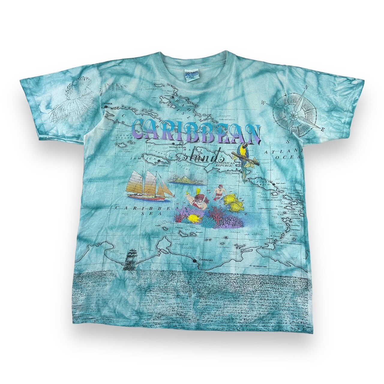 Vintage 90s All Over Print Caribbean T Shirt Mens Large Blue Map Multicoloured gallery
