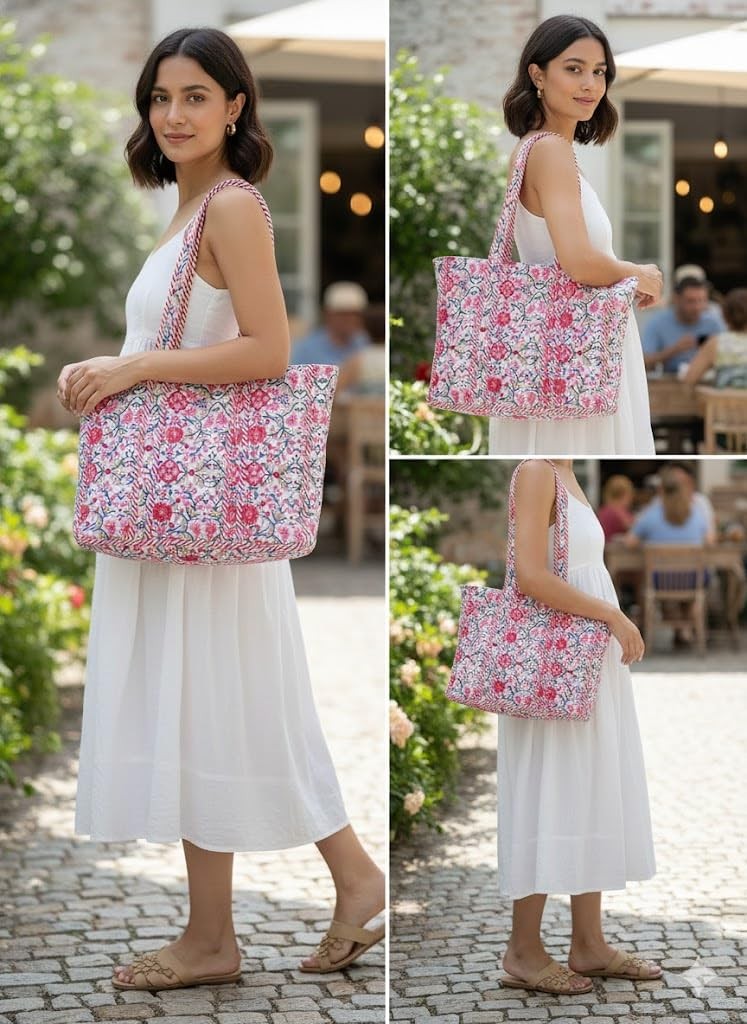 Quilted Tote Bag for Women – Large Canvas Travel Tote with Zipper | Floral Co... gallery