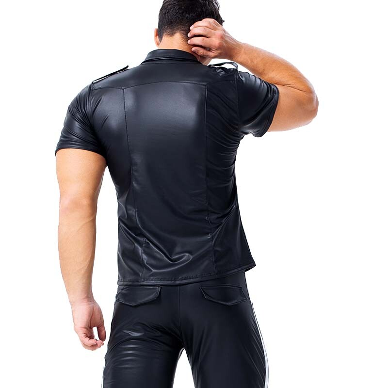 Mens Faux Leather PVC Short Sleeve T Shirt Top Nightclub Cool Men Shirts Uniform gallery