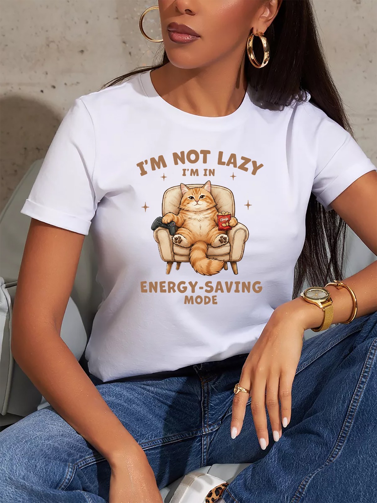 Funny Lazy Cat Shirt, Energy Saving Mode T-Shirt, Gift for Cat Lovers, WFH Cat M