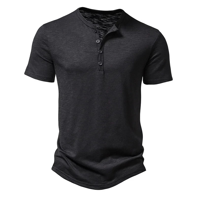 Henley Collar Summer Men Casual Solid Color Short Sleeve T Shirt for Men gallery