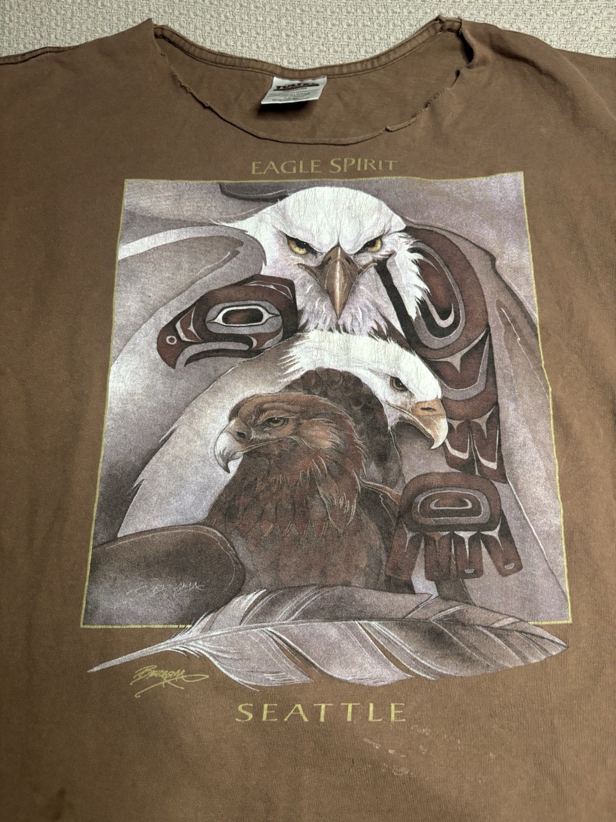 Vintage Tultex T-Shirt Mens L cropped Crewneck Graphic Eagle Spirit Brown gallery