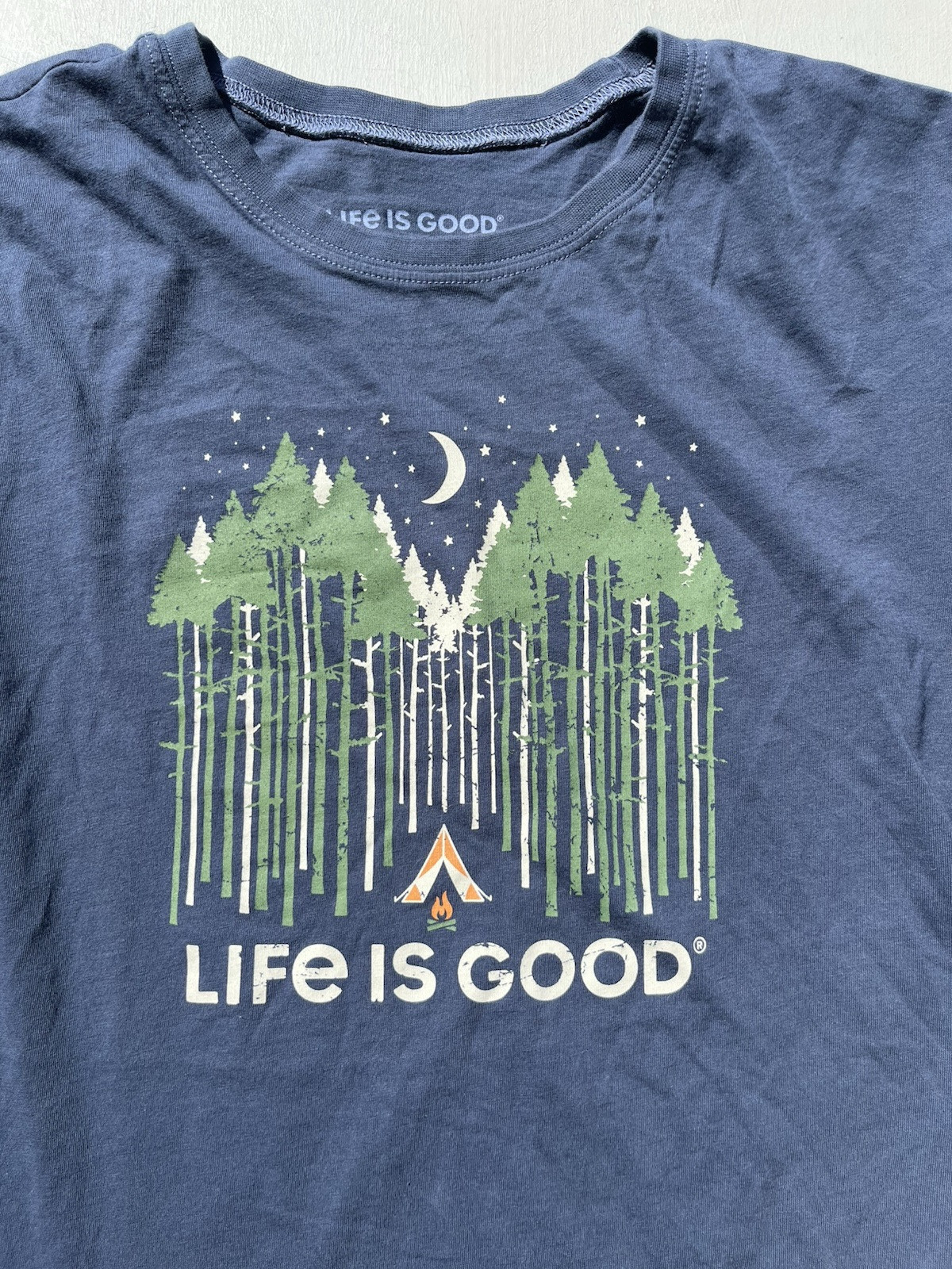 Men's Life is Good T-Shirt Blue Spell Out L Dad Classic City Outdoor Camp Hike gallery