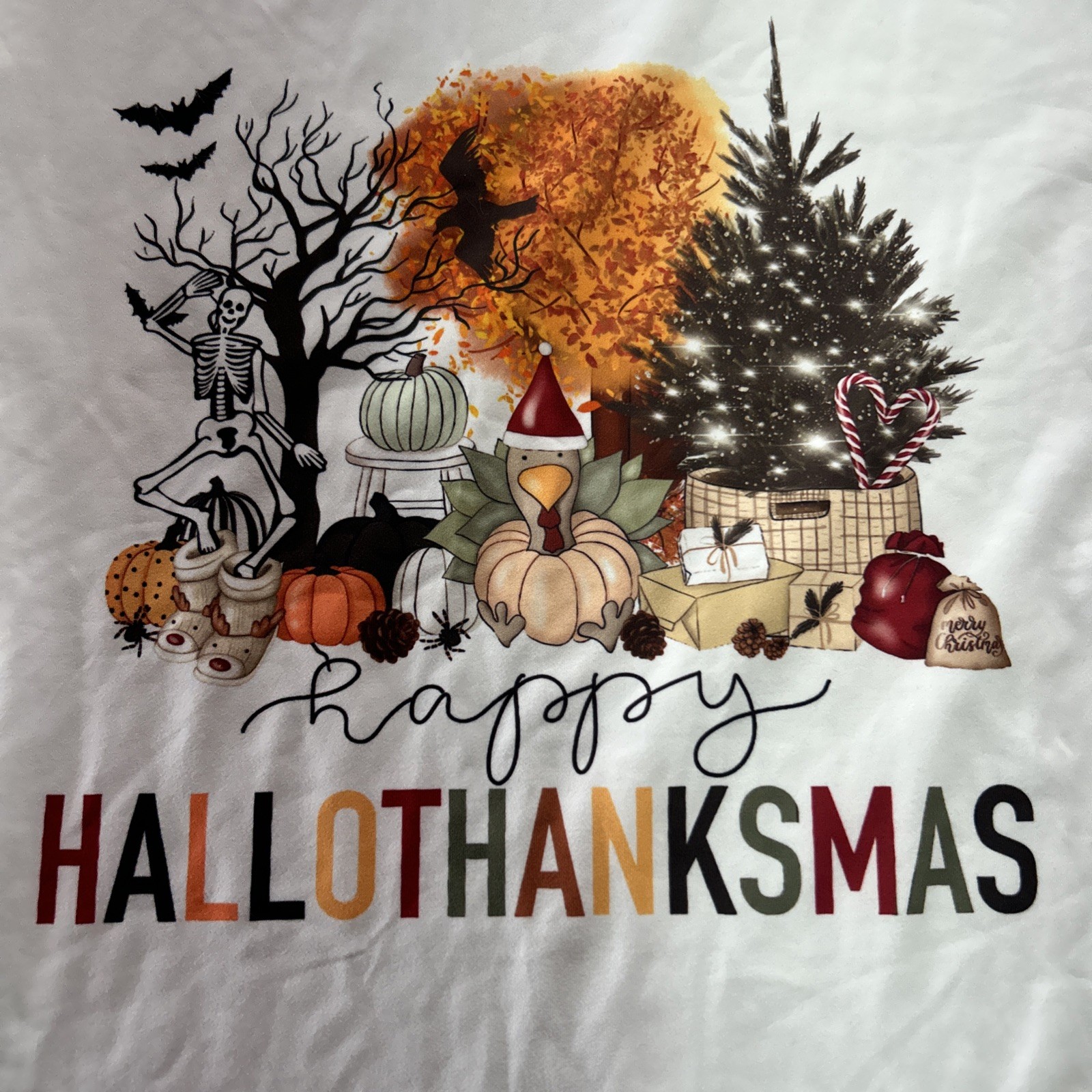 Happy HalloThanksMas Shirt Fall Size L Thanksgiving Christmas Pumpkins Trees gallery