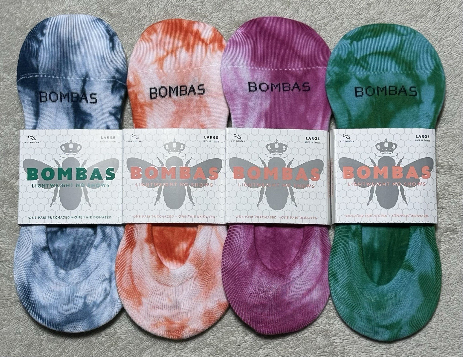 Bombas Unisex Tie Dye Lightweight No Show Multicolor Socks 4-Pack Size Large