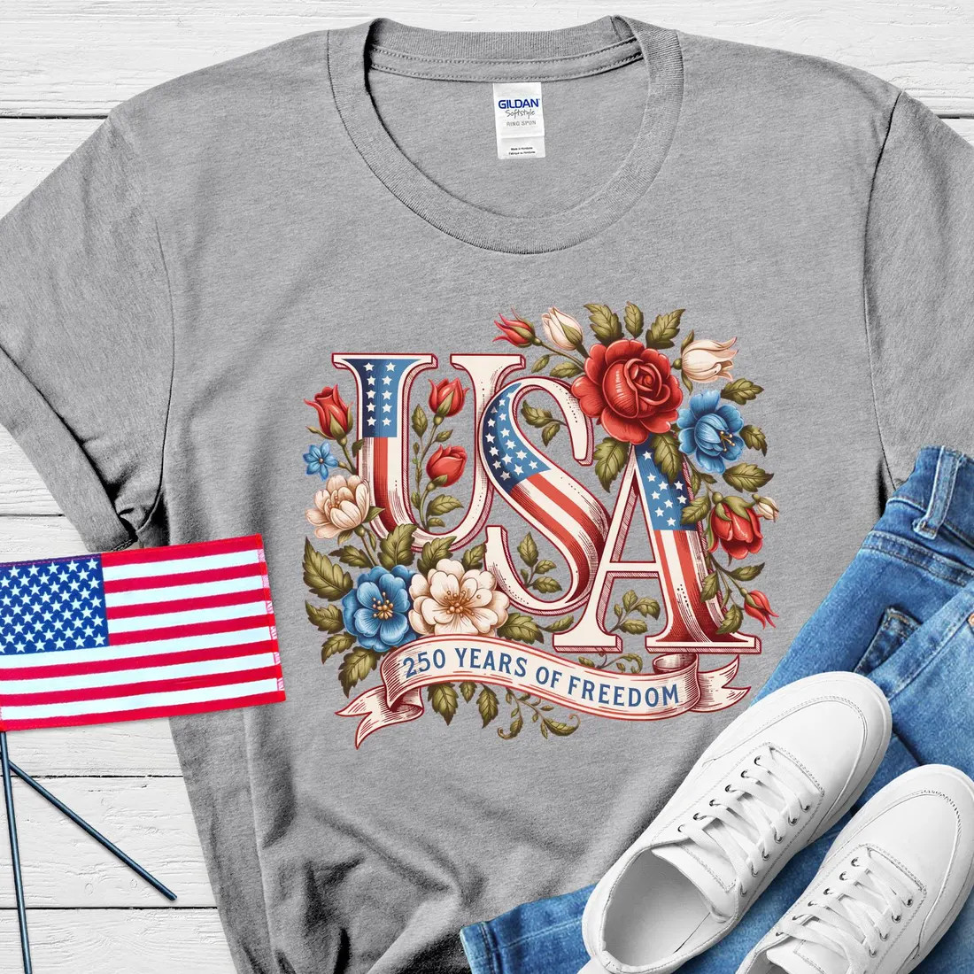 USA 250th Anniversary Floral Shirt, Patriotic Botanical American Flag gallery