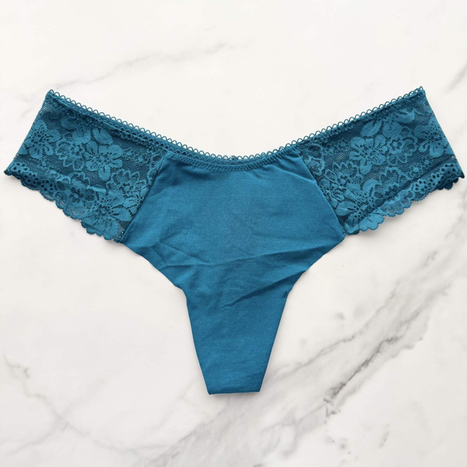 PINK Victoria’s Secret No-Show High-Leg Lace-Trim Thong Panty Jade Way SZ S/M