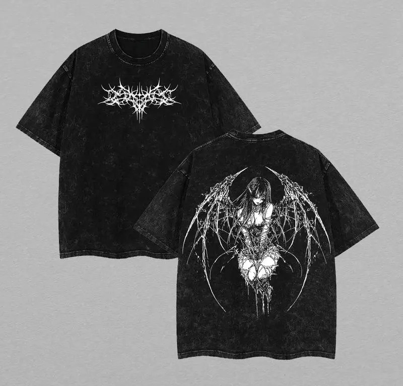 Gothic Y2K Anime Angel Hoodie Black T-Shirt Cotton Streetwear gallery