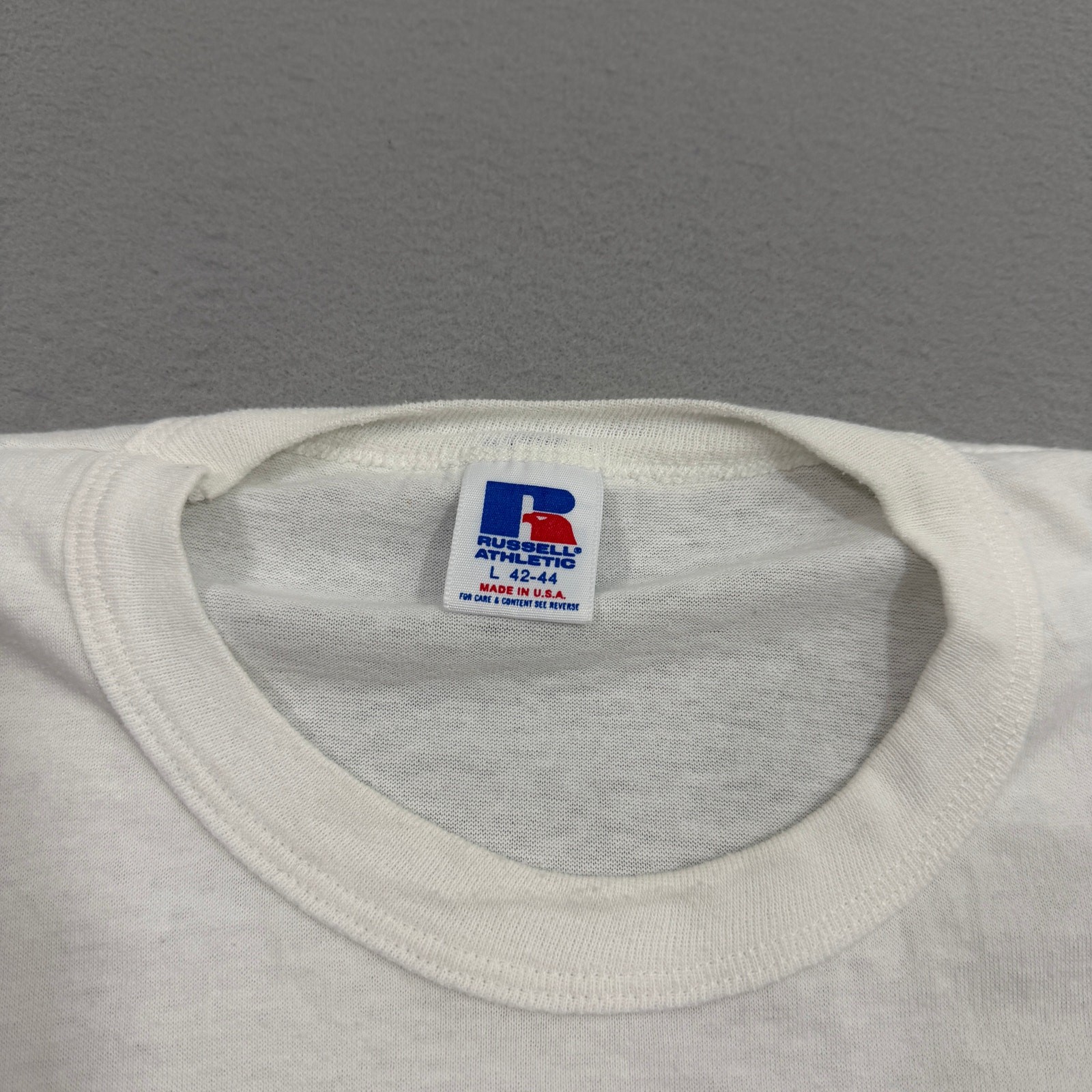Vintage Russell Athletic Repaired in Rochester Shirt Large White 1988 Paper Thin gallery
