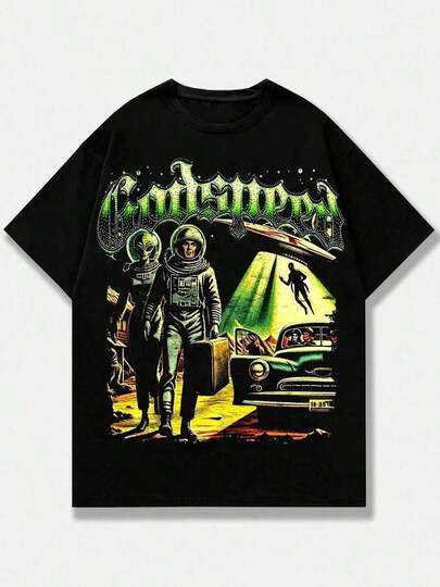 Alien T Shirts Men, Retro Godspeed Alien Astronaut Print, size S to 5XL