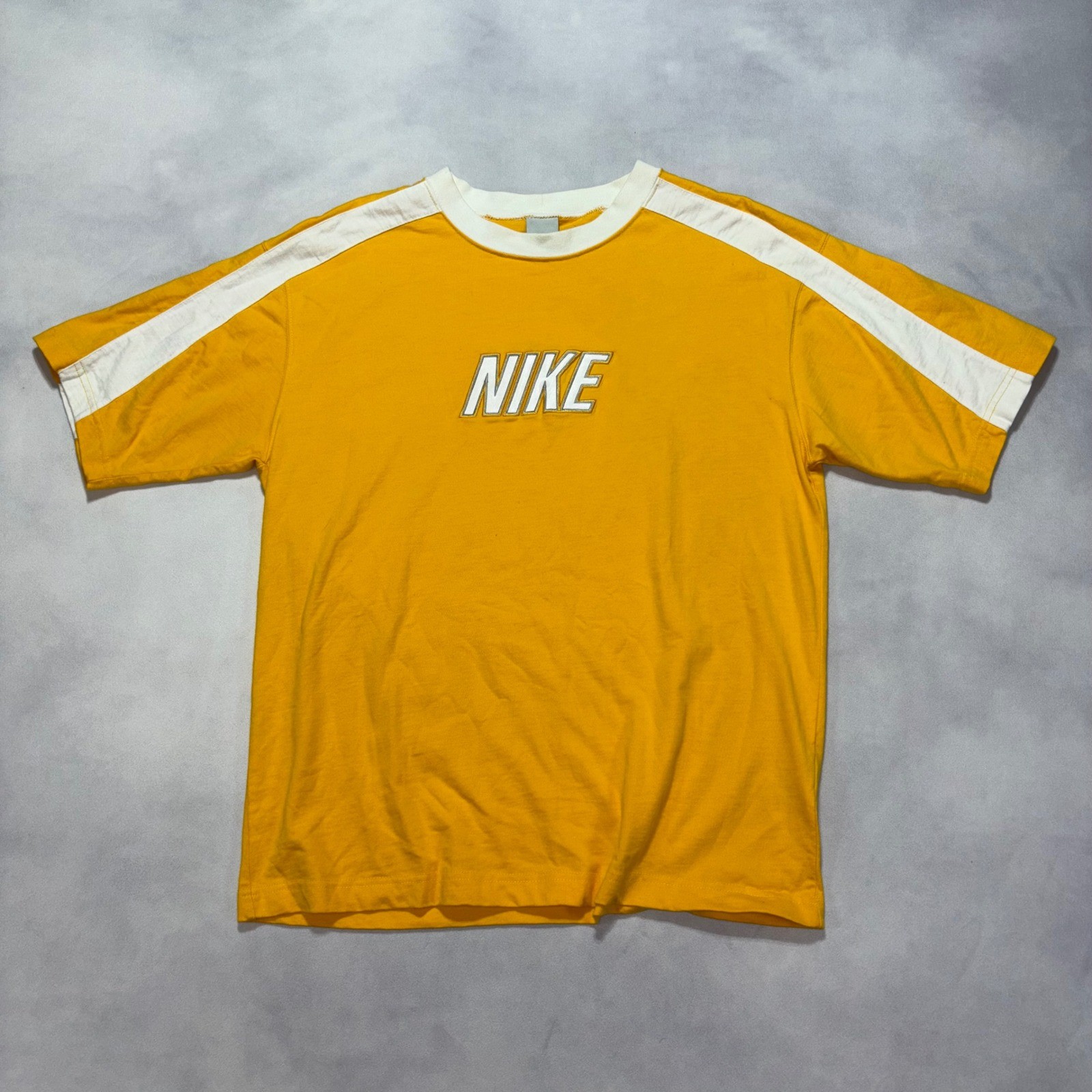 Vintage Nike T-Shirt Men’s Medium Yellow Stripe Embroidered Center Swoosh Y2K